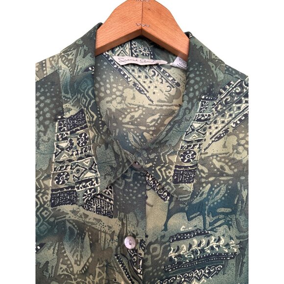 French Laundry Women's Blouse Abstract Button Up Top Olive Green Large Office - Picture 3 of 8